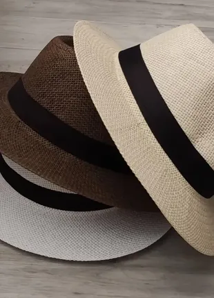 Летняя шляпа федора белая с черной лентой (949)4 фото