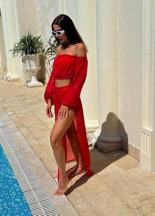 Шифоновий червоний костюм топ і спідниця з розрізами. пляжний одяг.одяг біля басейну4 фото