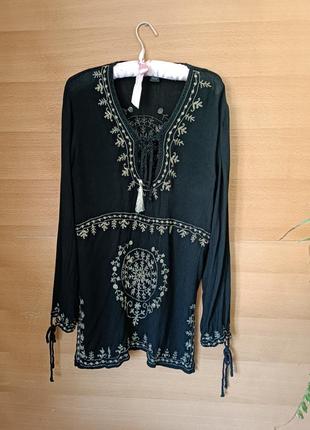 Блуза/ туника вышиванка черная с золотом оверсай этно стиль