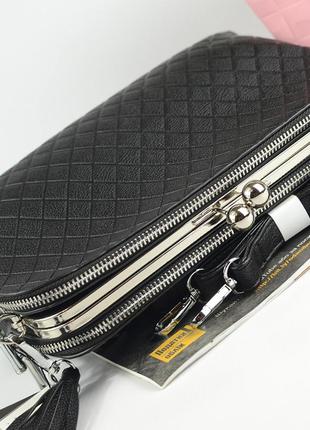 Черная женская маленькая сумка клатч с длинным ремешком, сумочка кросс-боди три отдела из эко-кожи4 фото