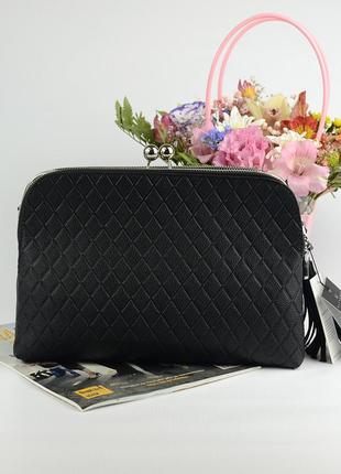 Черная женская маленькая сумка клатч с длинным ремешком, сумочка кросс-боди три отдела из эко-кожи8 фото