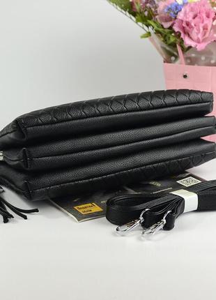 Чорна жіноча маленька сумка клатч з довгим ремінцем, сумочка крос-боді три відділи з еко-шкіри5 фото