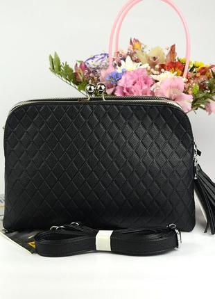 Чорна жіноча маленька сумка клатч з довгим ремінцем, сумочка крос-боді три відділи з еко-шкіри6 фото