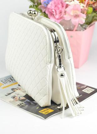 Белая женская маленькая сумка клатч через плечо, молодежная сумочка кросс-боди на защелке поцелуйчик5 фото