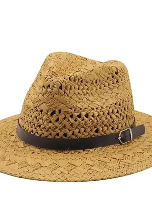 Взрослая летняя соломенная шляпа федора темный беж с ремешком 56-58р (670)2 фото