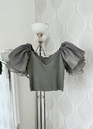 Топ с шифоновыми рукавами буфами цвета хаки в размере l от bbwm knit