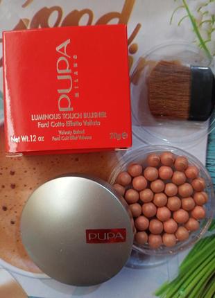 Pupa milano luminous touch blusher fard cotto effetto velluto кулькові рум'яна,20 г, 1 тон.