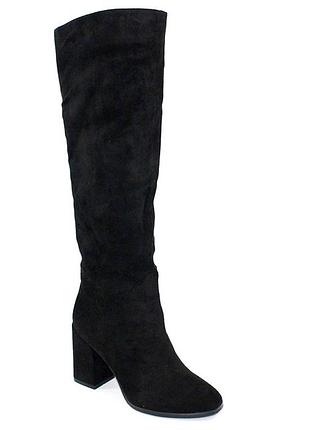 Женские замшевые черные осенние демисезонные сапоги ботфорты на каблуке