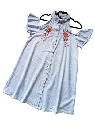 Летнее воздушное платье сарафан с вышивкой и открытыми плечами influence