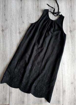 Платье миди чёрное с прошвой,лён/вискоза,46 р