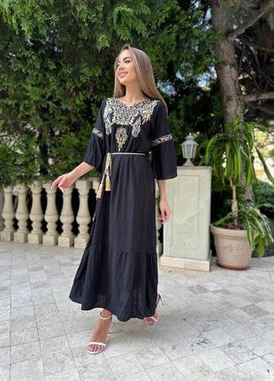 Этническое эксклюзивное длинное сатиновое платье платья вышиванка