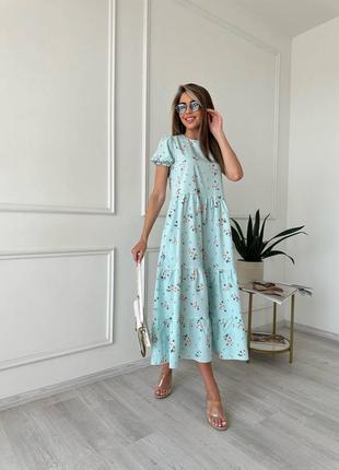 Платье миди свободного силуета талия на резинке под поясок вырез круглый рукав короткий фонарик юбка расклешонная тройной волан ткань софт