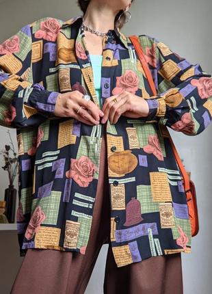 Рубашка винтажная принт абстракция розы газета вискоза xl l xxl оверсайз