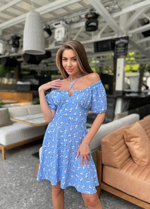 Платье женское короткое мини легкое летнее на лето нарядное праздничное цветочное повседневное синее голубое с открытыми плечами2 фото