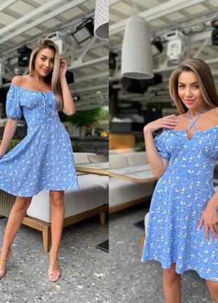 Платье женское короткое мини легкое летнее на лето нарядное праздничное цветочное повседневное синее голубое с открытыми плечами7 фото