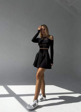 Трендовая мини юбка тенниска в складку на высокой посадке базовая плиссе короткая стильная черная3 фото