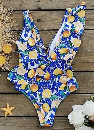 Монокини слитный купальник цельный женский с лимонами с принтом 2023 яркий стильный s m2 фото