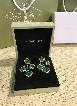Брендовые серьги четыре зеленых клевера в позолоте