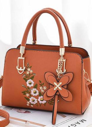 Женская мини сумочка с вышивкой цветами, маленькая женская сумка с цветочками коричневый