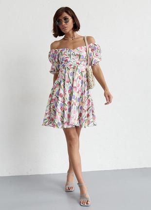 Літня сукня міні з драпіруванням спереду в квітковий принт тюльпани7 фото