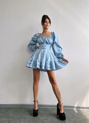 Платье с воланами, мини платье со шнуровкой на спике и воланами, пышной юбкой7 фото