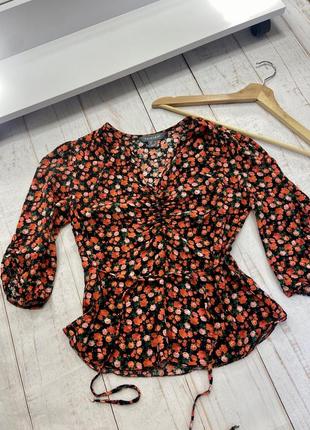 Блуза в цветочный принт на затяжках, блузка цветастая, топ с затяжкой 3/4 цветочный принт2 фото