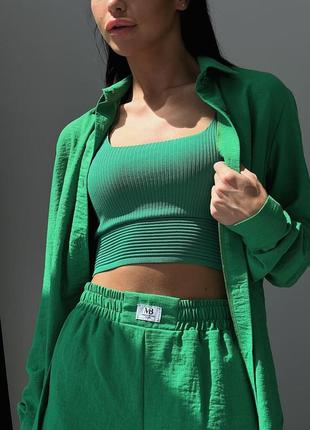 Зеленый трендовый комфортный льняной костюм рубашка и шорты люкс качество5 фото