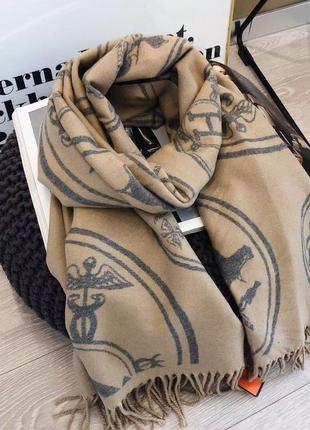 Теплый шарф палантин платок в стиле hermes гермес бежевый4 фото