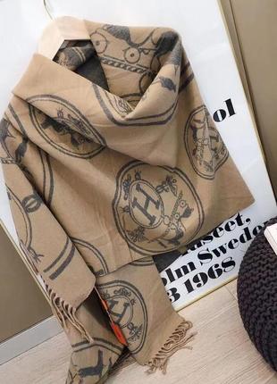 Теплый шарф палантин платок в стиле hermes гермес бежевый2 фото