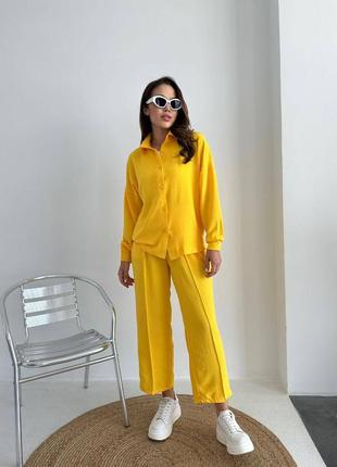 Костюм женский желтый оверсайз рубашка на пуговицах шорты на высокой посадке качественный стильный базовый