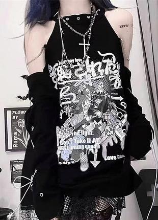 Футболка с цепями и шнуровкой аниме готика эмо лайт y2k