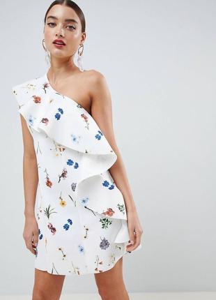 Платье-трапеция мини на одно плечо с цветочным принтом asos desigg