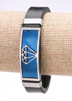 Мужской браслет бриллиант Эко кожа широкий стальная планка синяя s-14-16мм l-20см