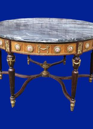 Вінтажний дерев'яний стіл з мармуром та елементами бронзи і кераміки арт. 0899