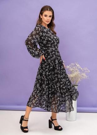 Черное миди платье с мелким цветочным принтом2 фото