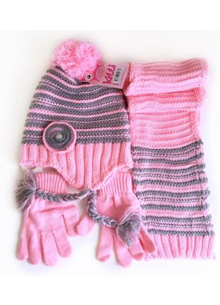 4-8л комплект шапка на флісі +шарф+рукавички kitti cool демі /зима 52-56 рожевий2 фото