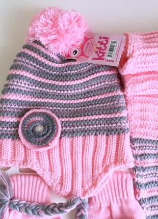 4-8л комплект шапка на флісі +шарф+рукавички kitti cool демі /зима 52-56 рожевий3 фото