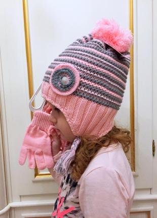 4-8л комплект шапка на флісі +шарф+рукавички kitti cool демі /зима 52-56 рожевий10 фото
