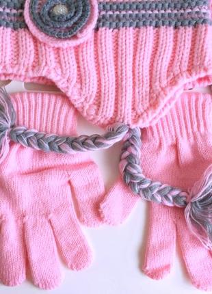 4-8л комплект шапка на флісі +шарф+рукавички kitti cool демі /зима 52-56 рожевий7 фото