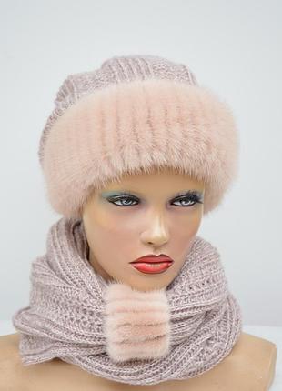 Женская зимняя вязаная шапка с шарфом "комплект снуд"