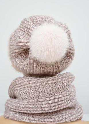 Женская зимняя вязаная шапка с шарфом "комплект снуд"3 фото