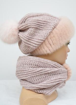 Женская зимняя вязаная шапка с шарфом "комплект снуд"2 фото