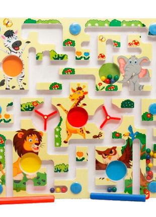 Игрушка-лабиринт "животные" на деревянной доске с магнитными шариками и магнитными палочками, 25х25х2,5cm
