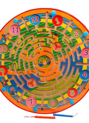 Игрушка-лабиринт "часы" на деревянной доске с магнитными шариками и магнитными палочками, 40х40х2,0cm