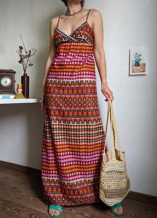 Сарафан-бохо етностило жовтогарячий довгий максі орнамент бретелі плаття бавовна s m xs2 фото