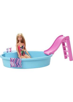 Лялька барбі з басейном і гіркою, ігровий набір barbie doll pool playset with slide