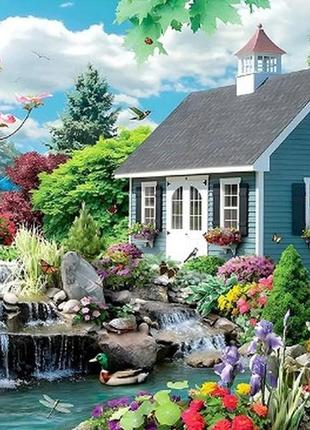 Алмазна мозаїка водоспад біля будинку пейзаж 24*34 см. набір алмазної вишивки стразами за номерами. картина (розмір полотна 30*40