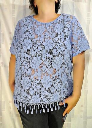 Гіпюрова блузка лавандового відтінку з бахромою2 фото