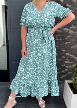 Платье женское длинное миди легкое летнее на лето нарядное праздничное цветочное повседневное белое зеленое голубое с поясом батал больших размеров5 фото
