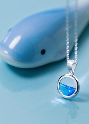 Серебряный кулон синий океан с цепочкой, кулон круг с синим фianitом, длина 40 + 3 см, серебро 925 пробы